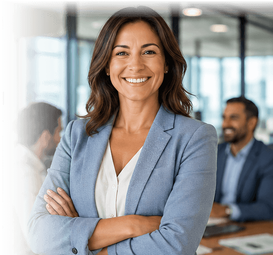 Smiling business owner with her team, ready to make the switch